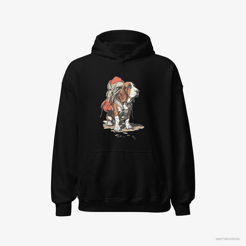 Basset Hound Hoodie – Men Black Hoodie Classic – Rambling with a Rucksack (on White Background)