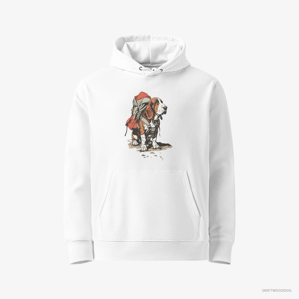 Basset Hound Hoodie – Women White Hoodie Eco-Friendly – Rambling with a Rucksack (on White Background)