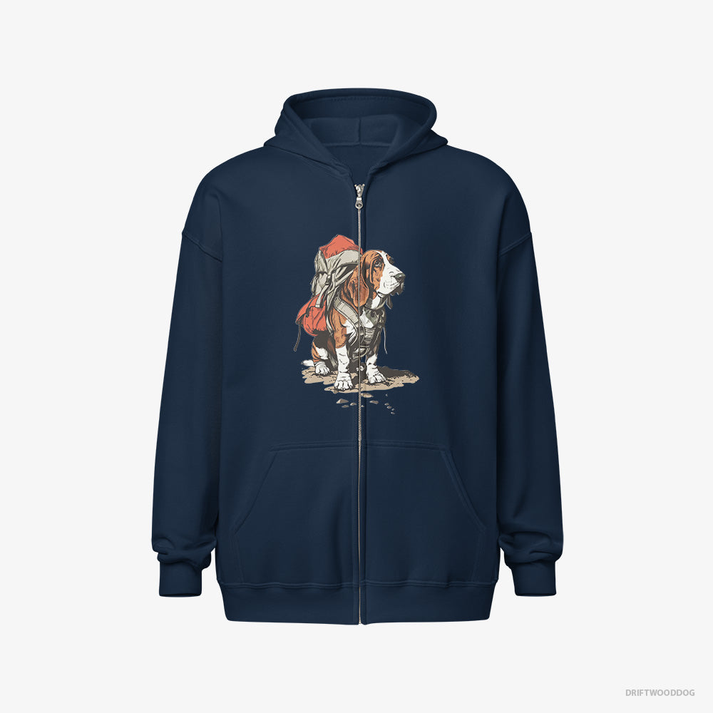 Basset Hound Hoodie – Men Navy Hoodie Full-Zip – Rambling with a Rucksack (on White Background)