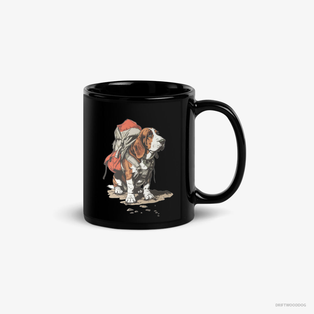 Basset Hound Mug – Unisex Black Mug Classic – Rambling with a Rucksack (on White Background)