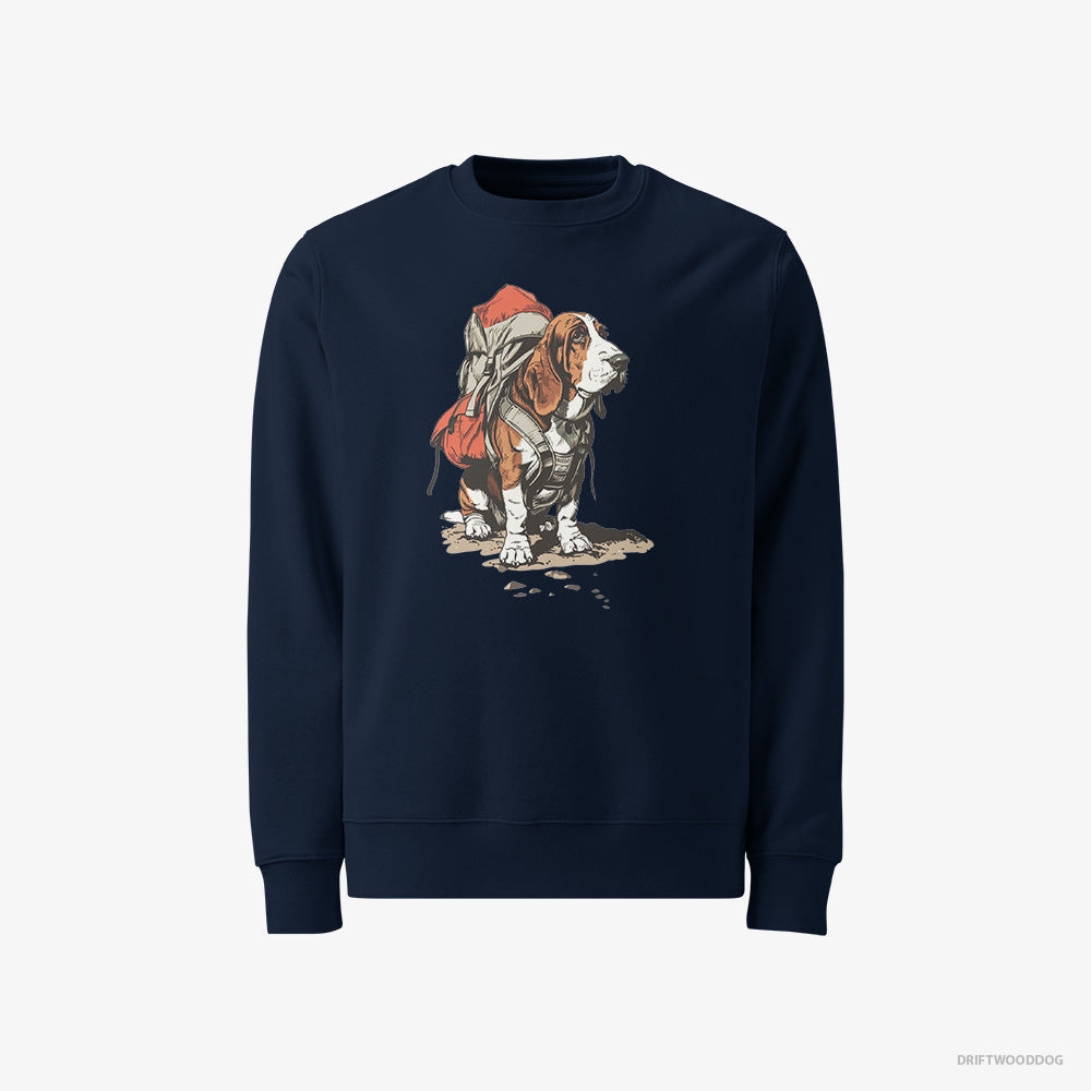 Basset Hound Sweatshirt – Men Navy Sweatshirt Classic – Rambling with a Rucksack (on White Background)