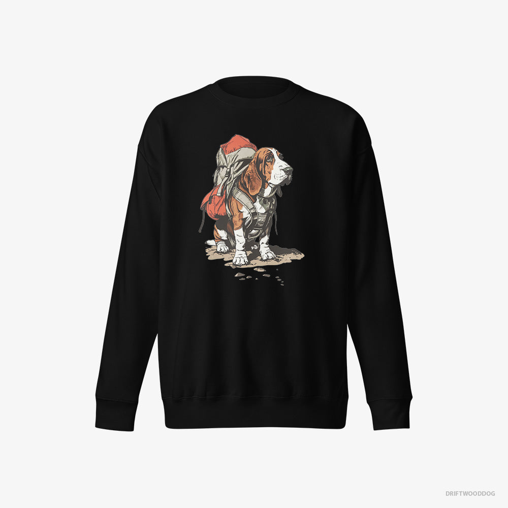 Basset Hound Sweatshirt – Women Black Sweatshirt Eco-Friendly – Rambling with a Rucksack (on White Background)