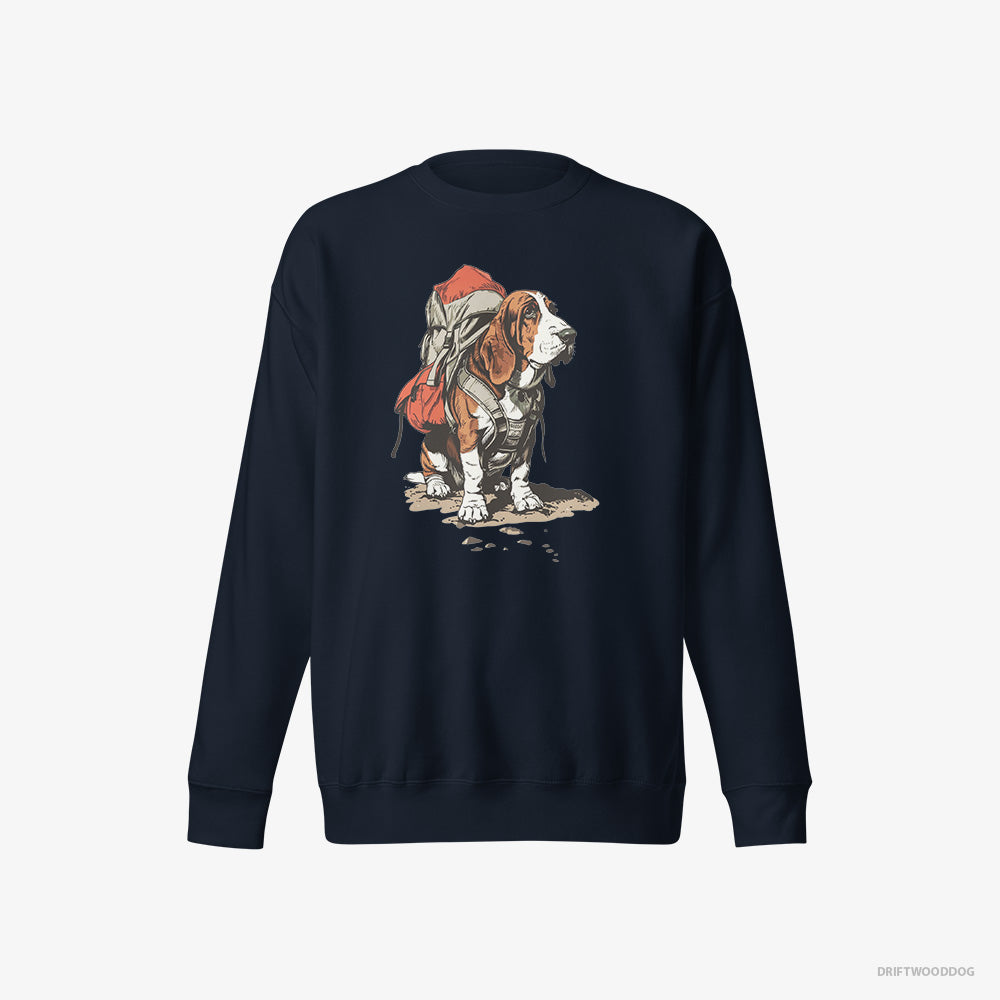 Basset Hound Sweatshirt – Women Navy Sweatshirt Eco-Friendly – Rambling with a Rucksack (on White Background)