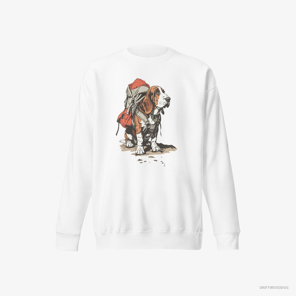 Basset Hound Sweatshirt – Men White Sweatshirt Eco-Friendly – Rambling with a Rucksack (on White Background)