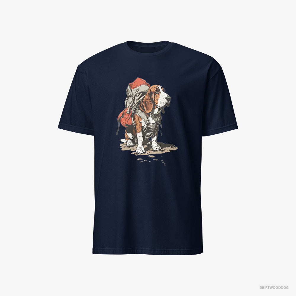 Basset Hound T-Shirt – Men Navy T-Shirt Classic – Rambling with a Rucksack (on White Background)