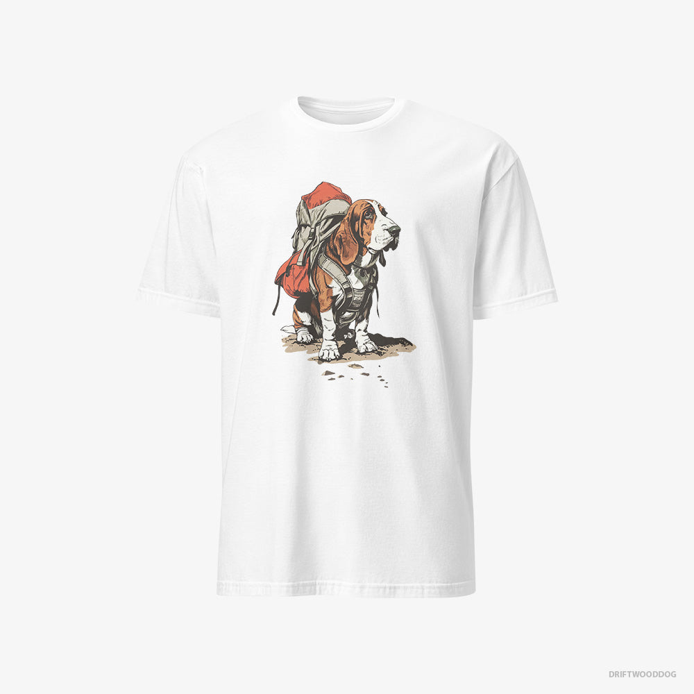 Basset Hound T-Shirt – Men White T-Shirt Classic – Rambling with a Rucksack (on White Background)