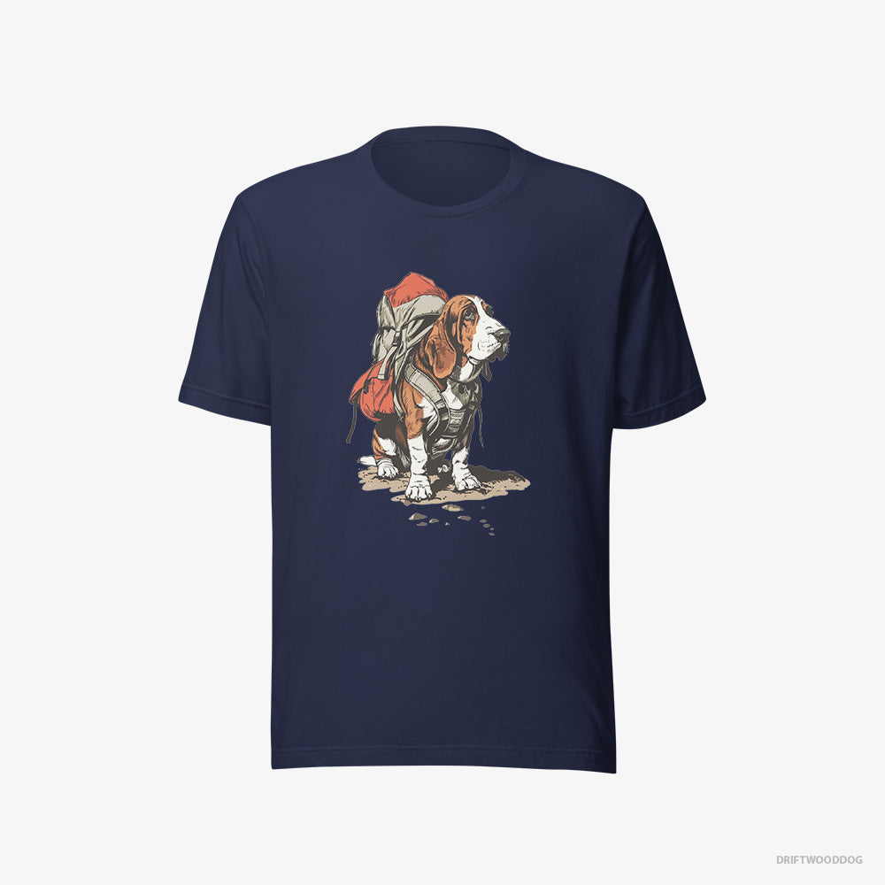 Basset Hound T-Shirt – Men Navy T-Shirt Eco-Friendly – Rambling with a Rucksack (on White Background)