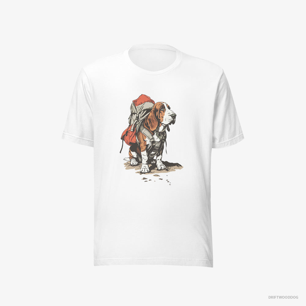 Basset Hound T-Shirt – Men White T-Shirt Eco-Friendly – Rambling with a Rucksack (on White Background)