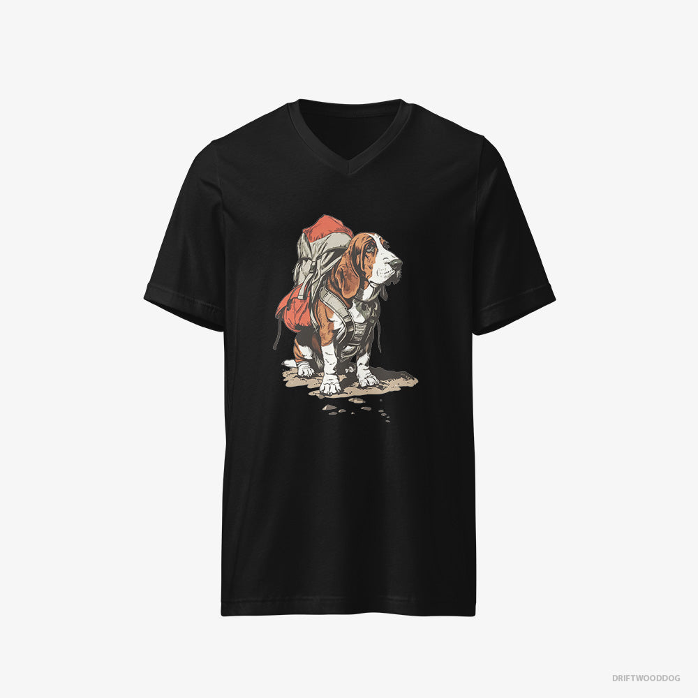 Basset Hound T-Shirt – Men Black T-Shirt V-Neck – Rambling with a Rucksack (on White Background)