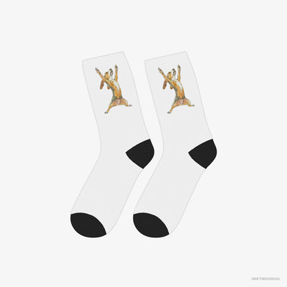 Dachshund Socks – Unisex White Socks Classic – Doing Sport (on White Background)