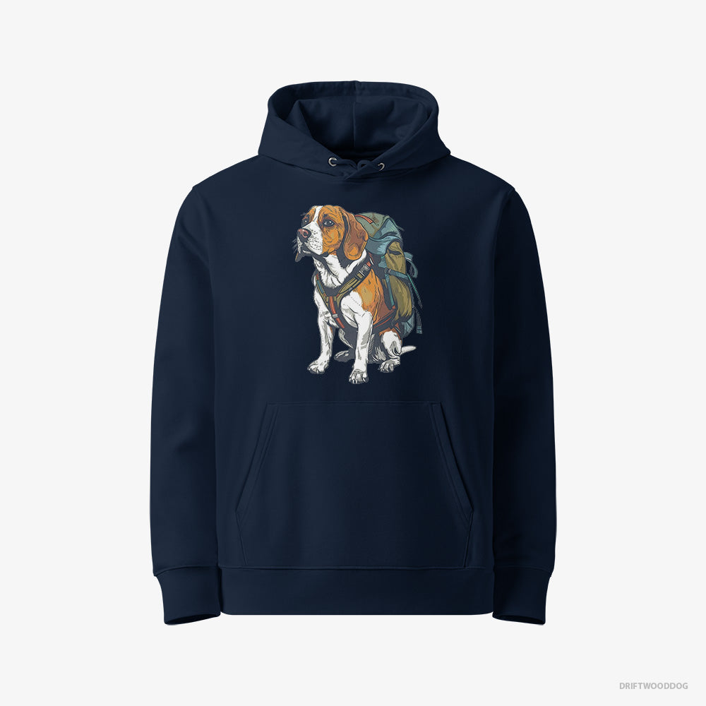 Beagle Hoodie – Men Navy Hoodie Eco-Friendly – Wandering with a Backpack (on White Background)