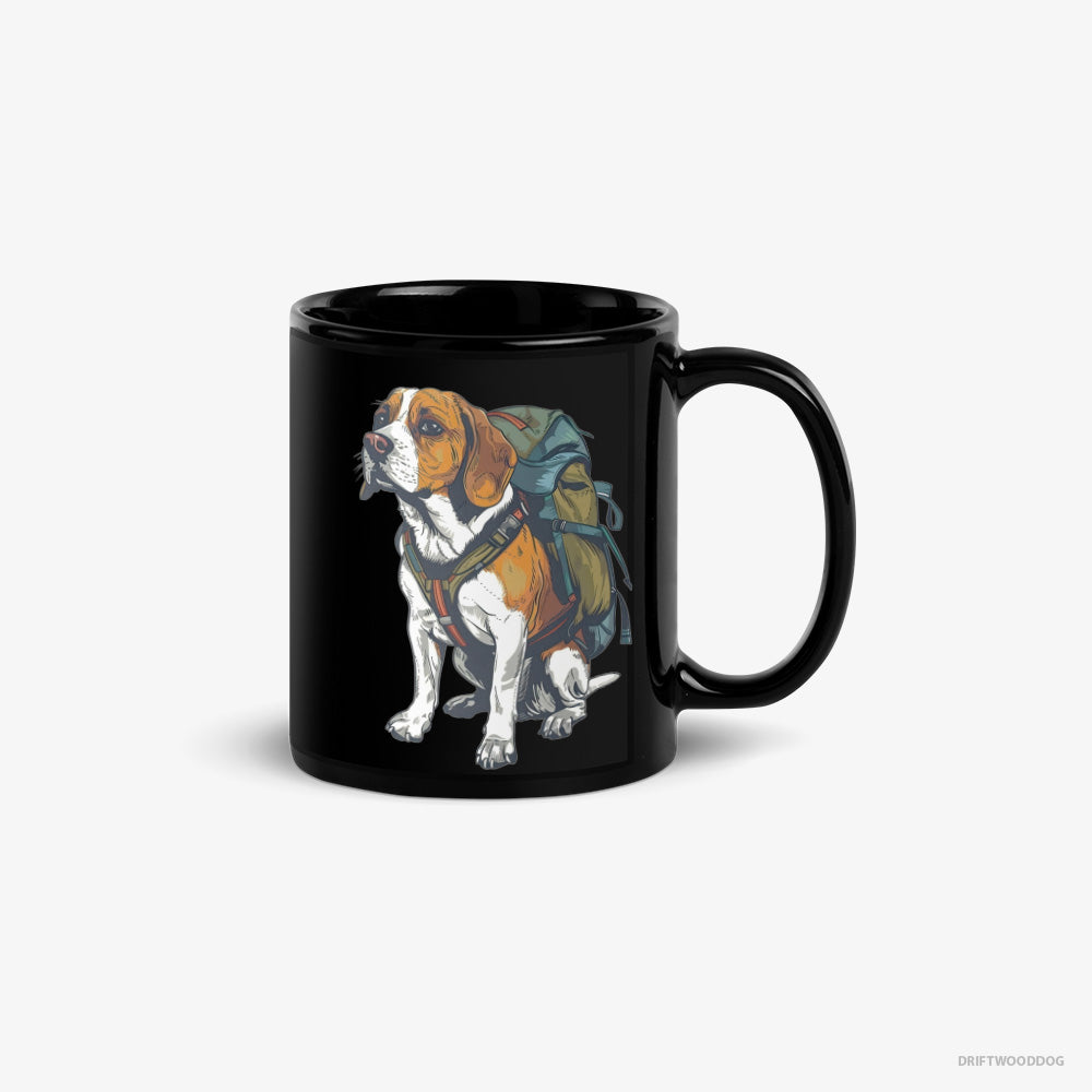 Beagle Mug – Unisex Black Mug Classic – Wandering with a Backpack (on White Background)