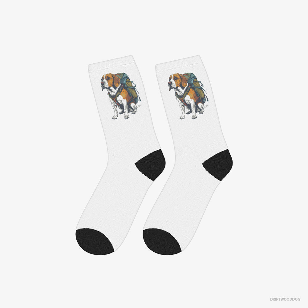 Beagle Socks – Unisex White Socks Classic – Wandering with a Backpack (on White Background)