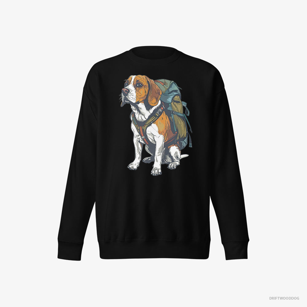 Beagle Sweatshirt – Women Black Sweatshirt Eco-Friendly – Wandering with a Backpack (on White Background)