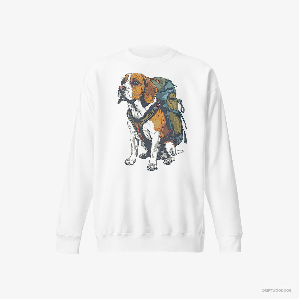 Beagle Sweatshirt – Men White Sweatshirt Eco-Friendly – Wandering with a Backpack (on White Background)