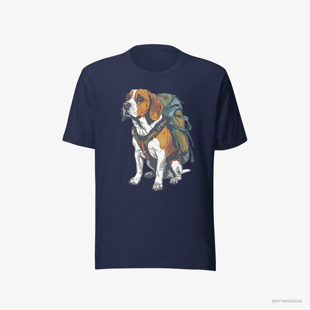 Beagle T-Shirt – Women Navy T-Shirt Eco-Friendly – Wandering with a Backpack (on White Background)