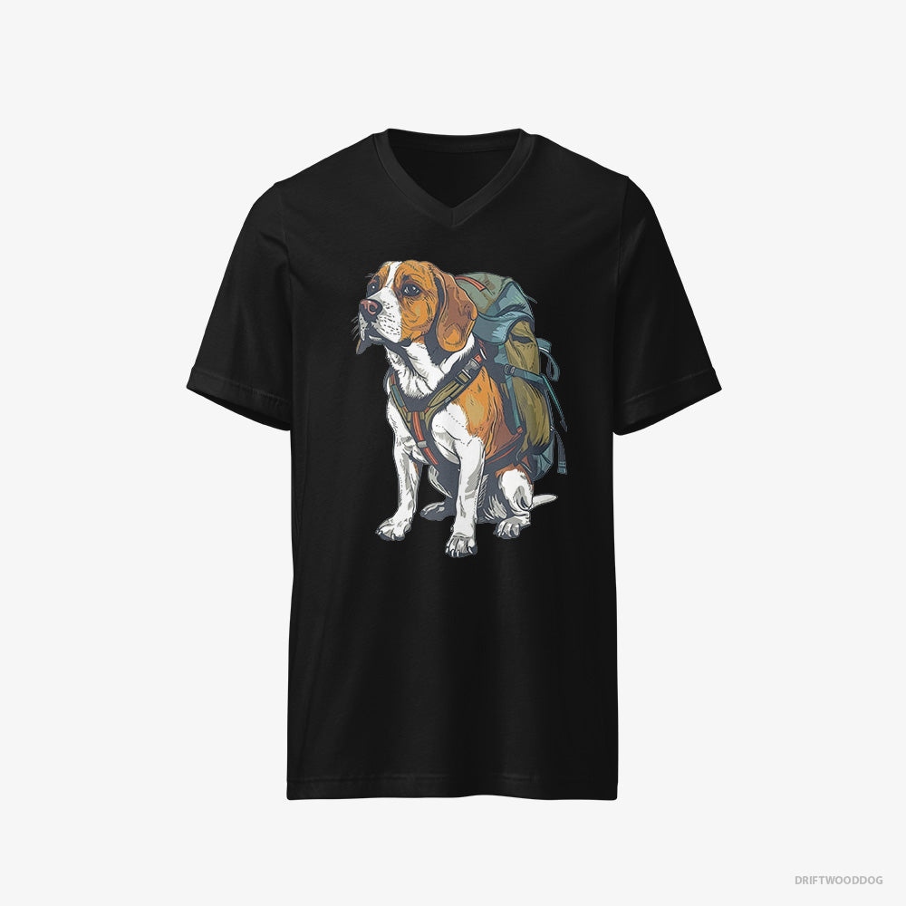 Beagle T-Shirt – Men Black T-Shirt V-Neck – Wandering with a Backpack (on White Background)