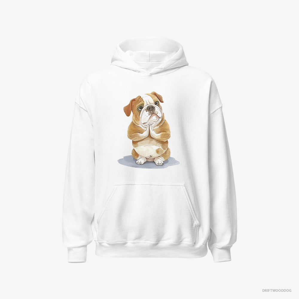 Bulldog Hoodie – Men White Hoodie Classic – Doing Yoga (on White Background)