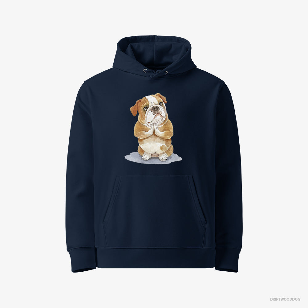 Bulldog Hoodie – Men Navy Hoodie Eco-Friendly – Doing Yoga (on White Background)