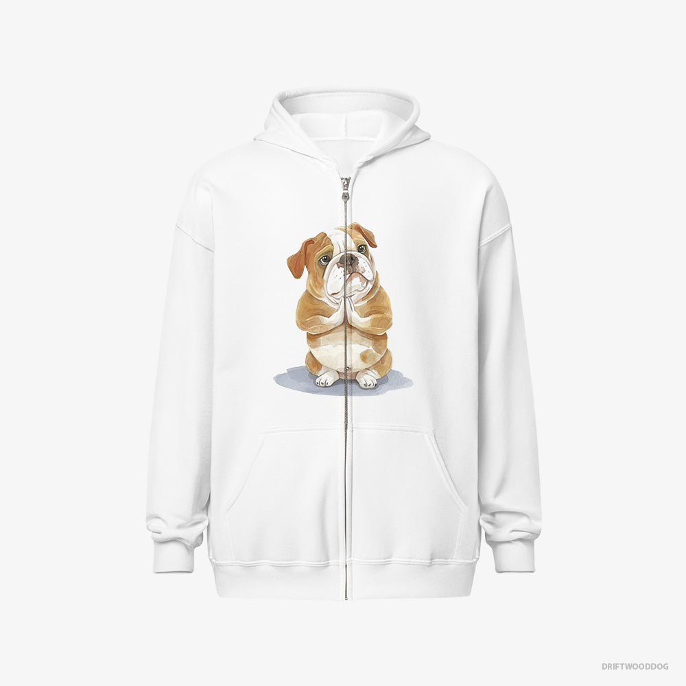 Bulldog Hoodie – Men White Hoodie Full-Zip – Doing Yoga (on White Background)