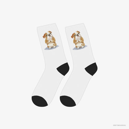 Bulldog Socks – Unisex White Socks Classic – Doing Yoga (on White Background)