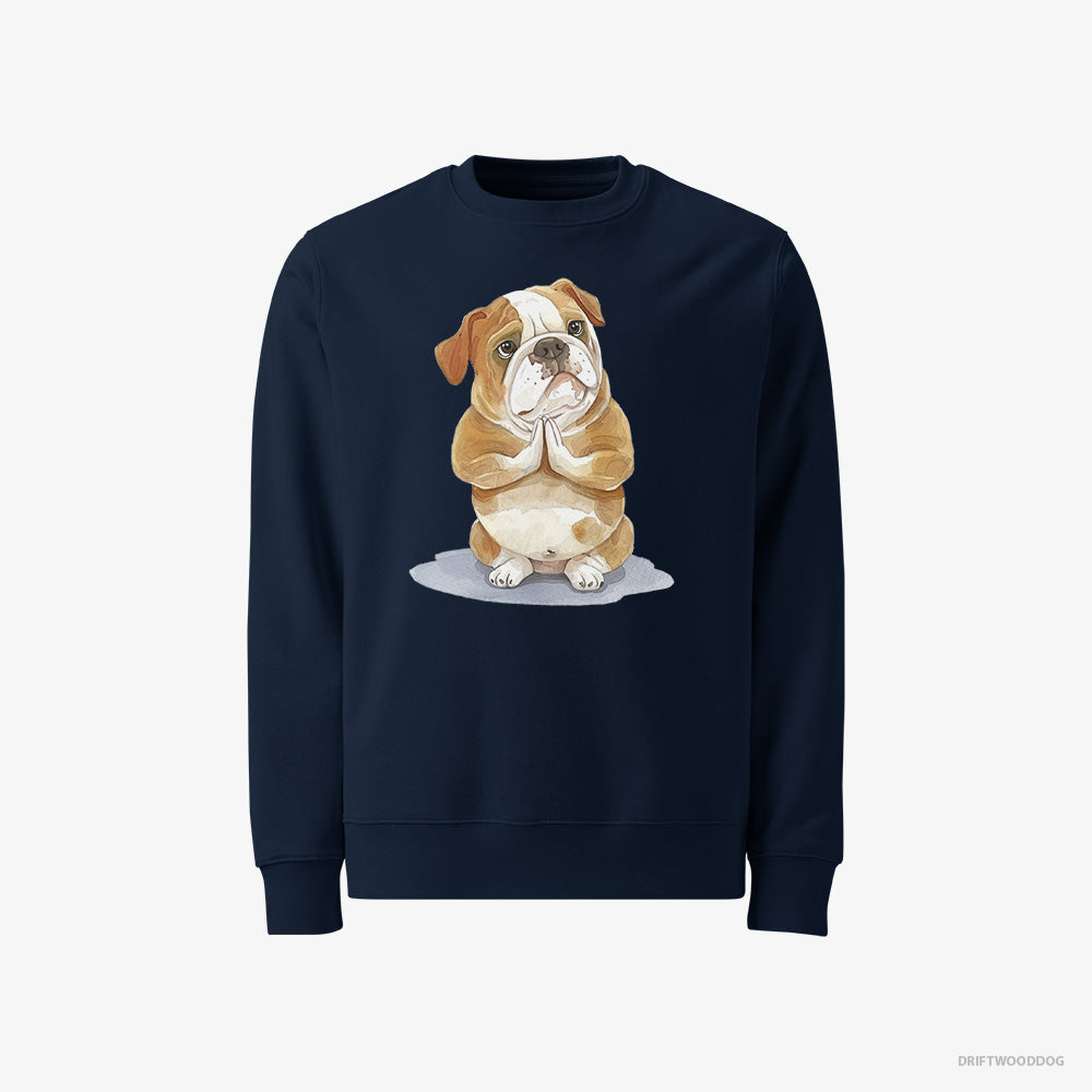 Bulldog Sweatshirt – Men Navy Sweatshirt Classic – Doing Yoga (on White Background)