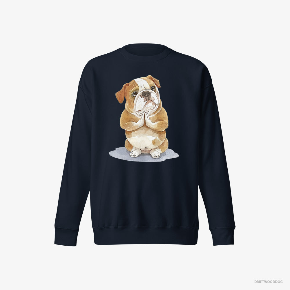 Bulldog Sweatshirt – Women Navy Sweatshirt Eco-Friendly – Doing Yoga (on White Background)