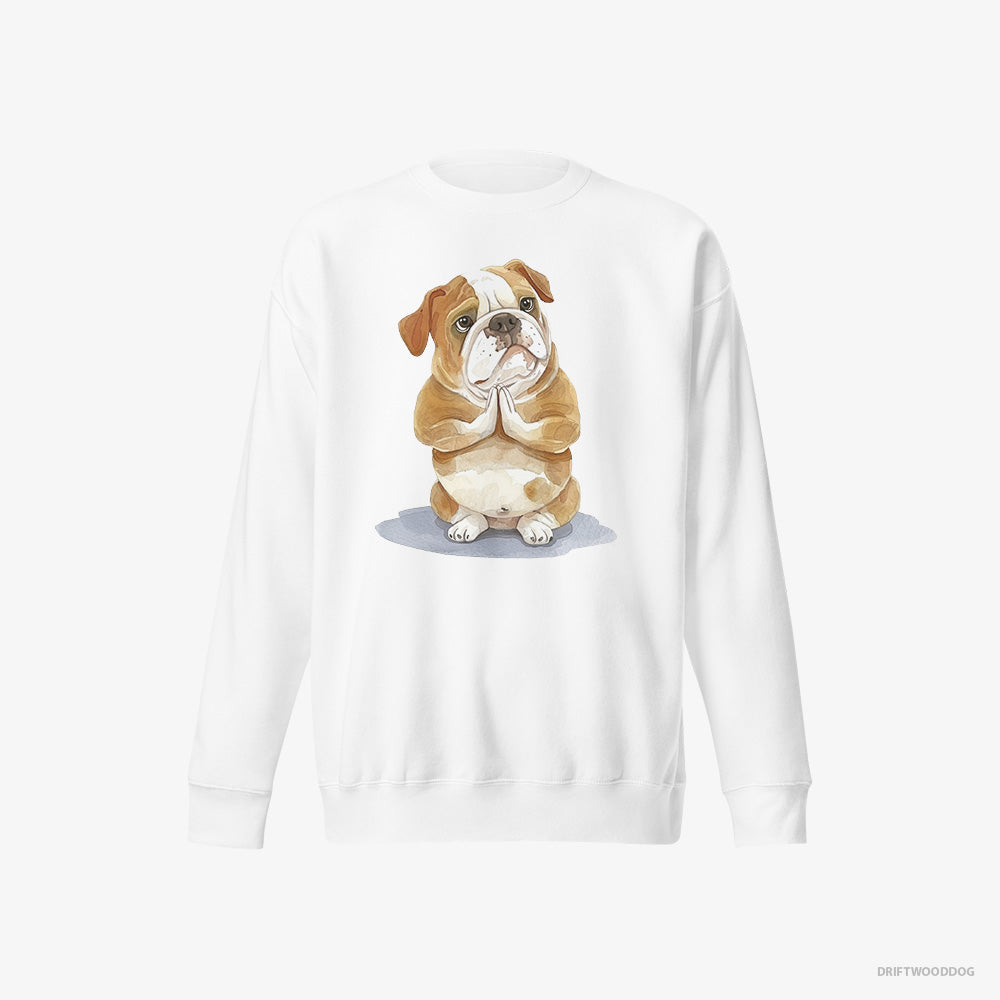 Bulldog Sweatshirt – Women White Sweatshirt Eco-Friendly – Doing Yoga (on White Background)