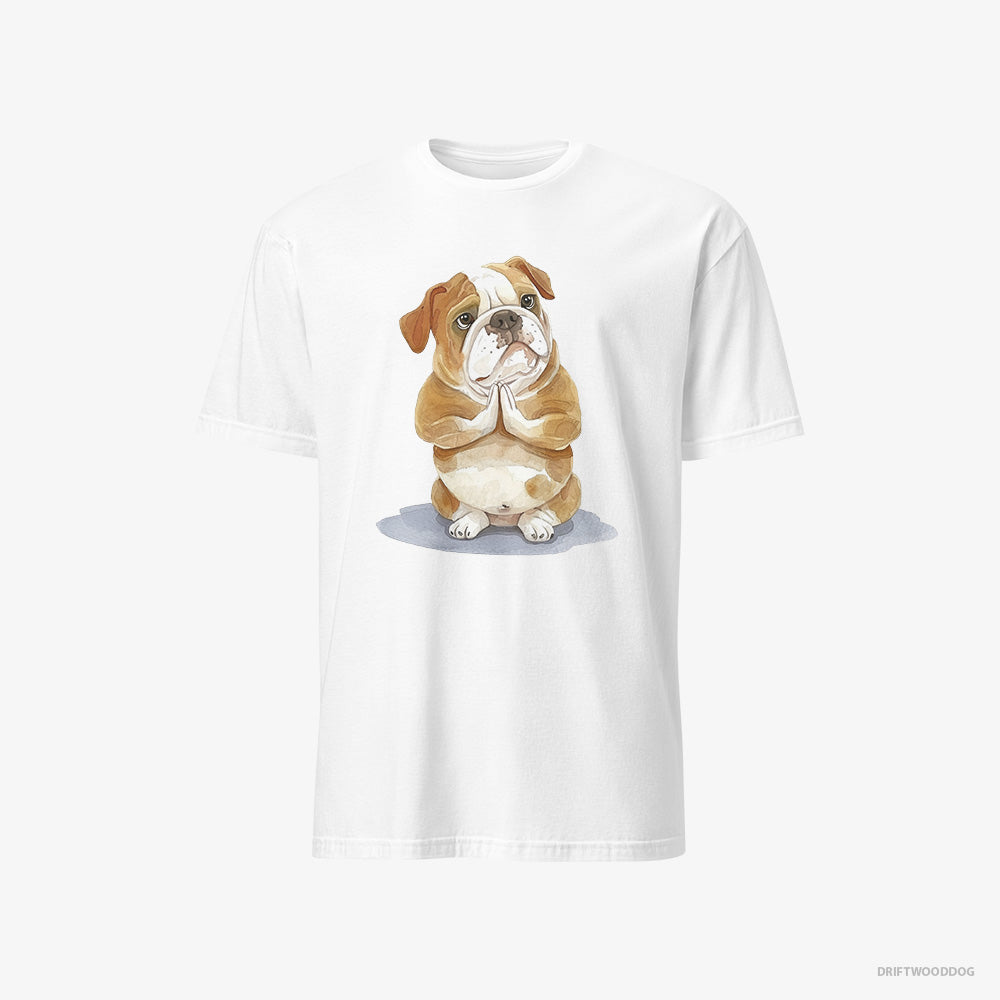 Bulldog T-Shirt – Men White T-Shirt Classic – Doing Yoga (on White Background)