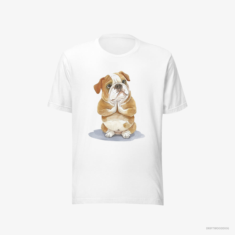 Bulldog T-Shirt – Men White T-Shirt Eco-Friendly – Doing Yoga (on White Background)