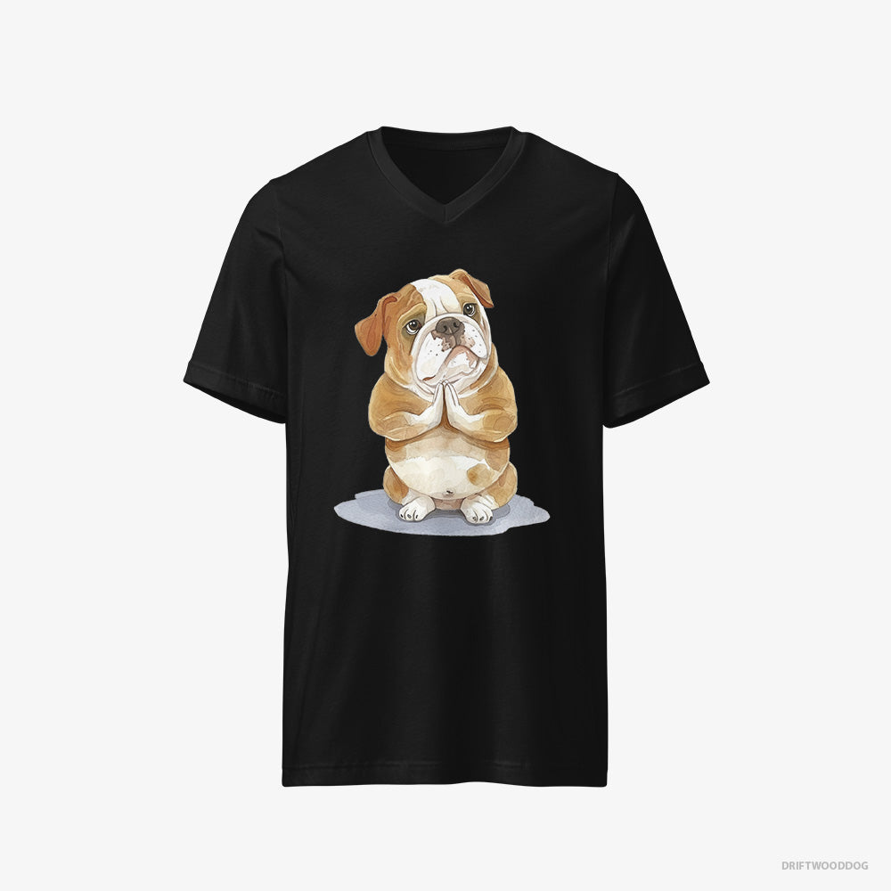 Bulldog T-Shirt – Men Black T-Shirt V-Neck – Doing Yoga (on White Background)