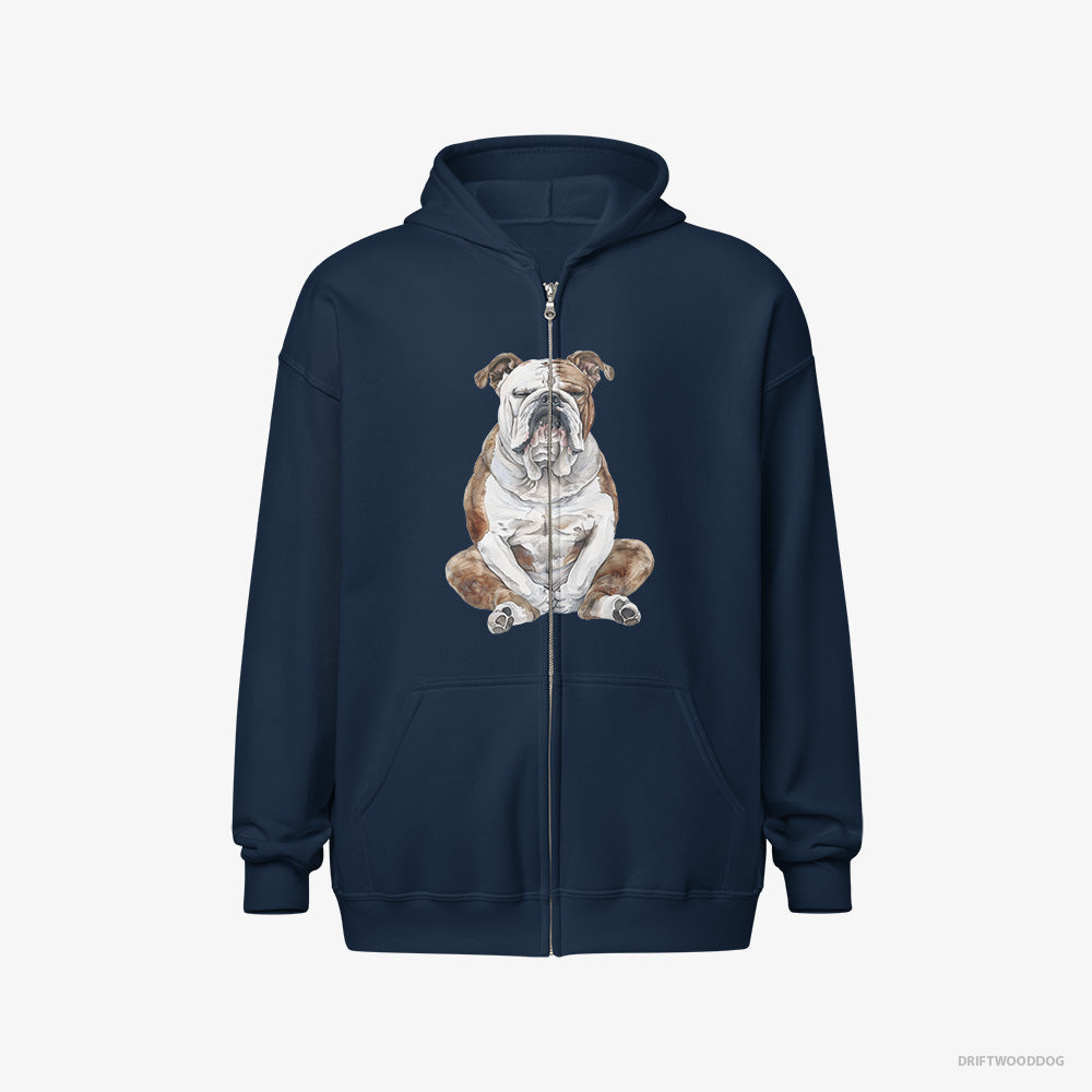 Bulldog Hoodie – Men Navy Hoodie Full-Zip – Meditating (on White Background)