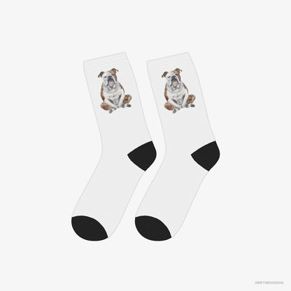 Bulldog Socks – Unisex White Socks Classic – Meditating (on White Background)