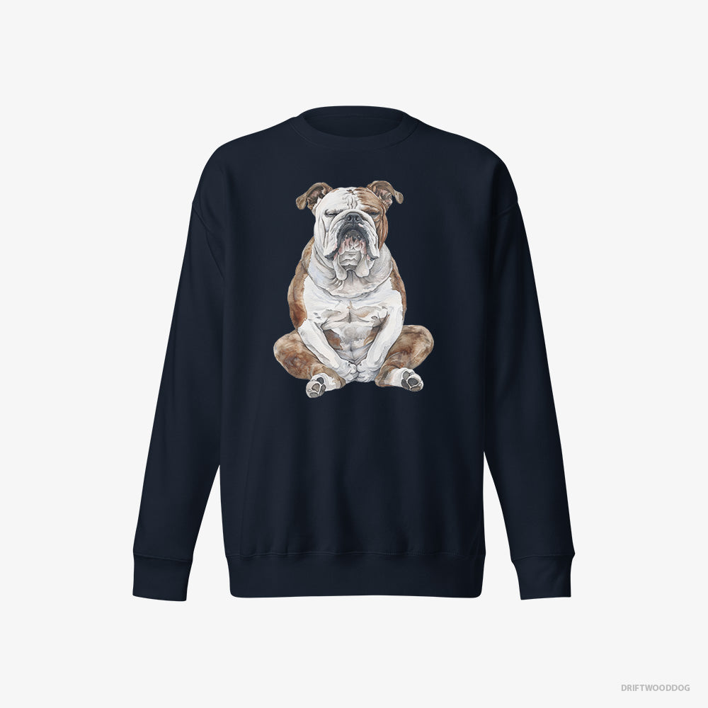 Bulldog Sweatshirt – Women Navy Sweatshirt Eco-Friendly – Meditating (on White Background)