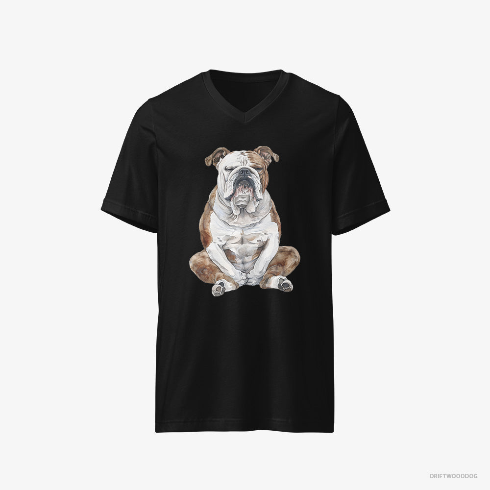 Bulldog T-Shirt – Men Black T-Shirt V-Neck – Meditating (on White Background)