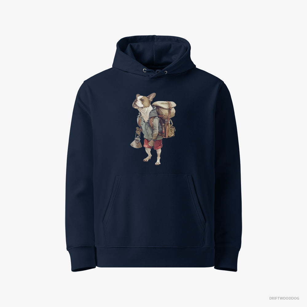 Bulldog Hoodie – Women Navy Hoodie Eco-Friendly – Exploring with a Backpack (on White Background)