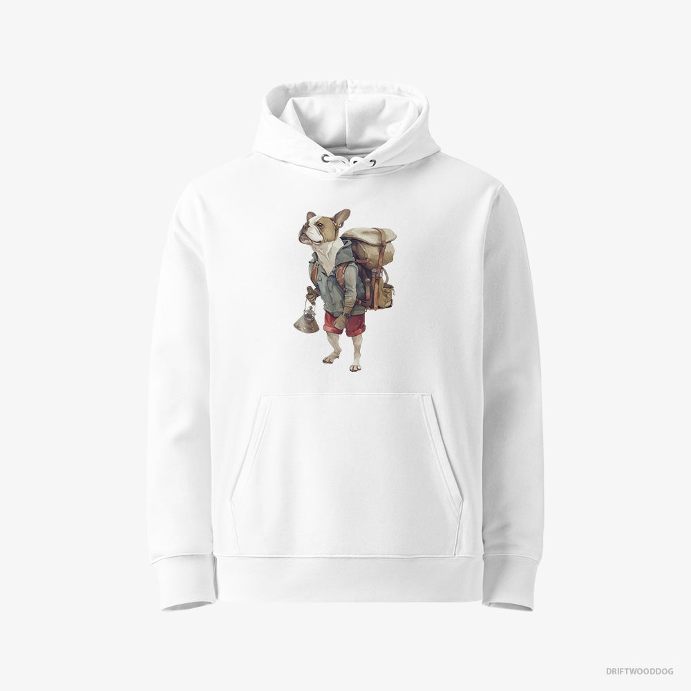 Bulldog Hoodie – Men White Hoodie Eco-Friendly – Exploring with a Backpack (on White Background)