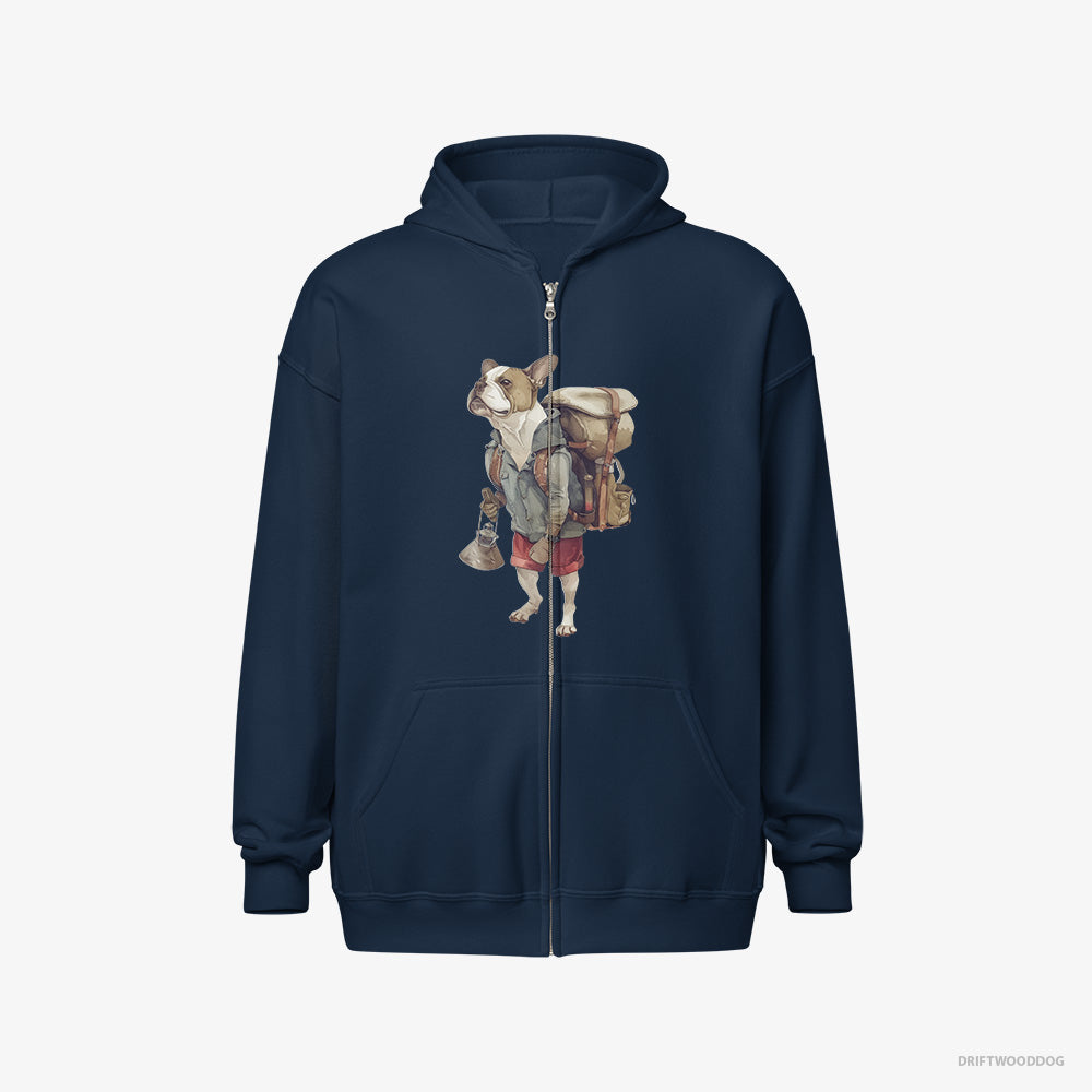 Bulldog Hoodie – Men Navy Hoodie Full-Zip – Exploring with a Backpack (on White Background)