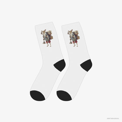 Bulldog Socks – Unisex White Socks Classic – Exploring with a Backpack (on White Background)