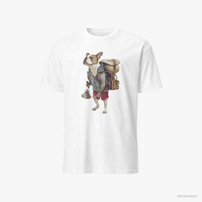 Bulldog T-Shirt – Men White T-Shirt Classic – Exploring with a Backpack (on White Background)