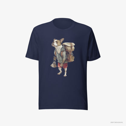 Bulldog T-Shirt – Men Navy T-Shirt Eco-Friendly – Exploring with a Backpack (on White Background)