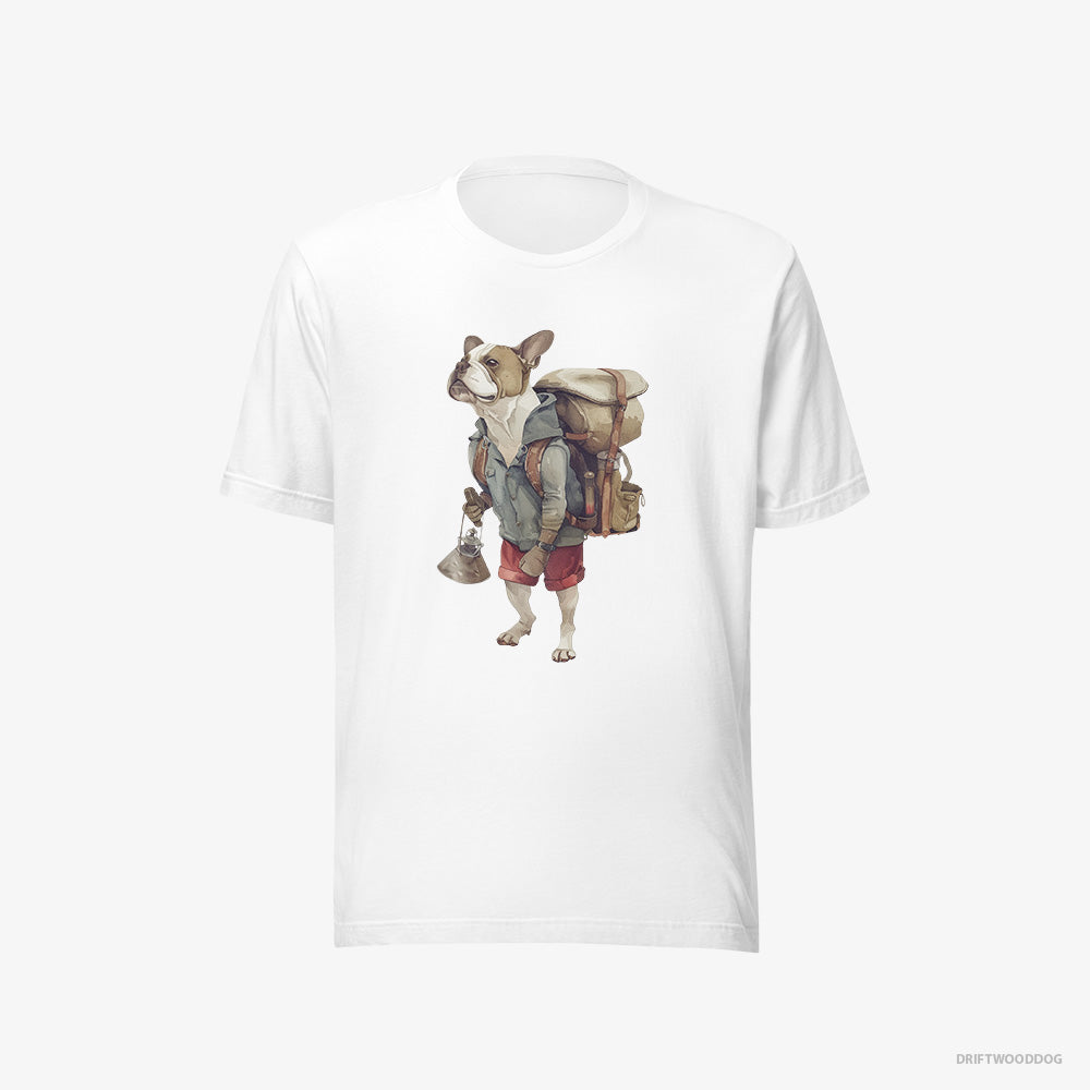 Bulldog T-Shirt – Men White T-Shirt Eco-Friendly – Exploring with a Backpack (on White Background)