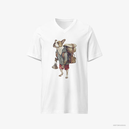 Bulldog Exploring with a Backpack White T-Shirt