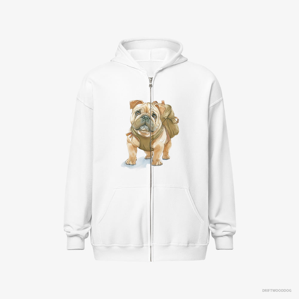 Bulldog Hoodie – Women White Hoodie Full-Zip – Ready for Hiking (on White Background)