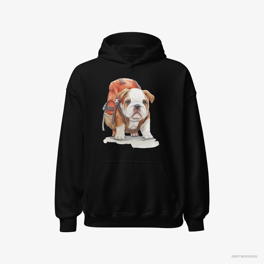 Bulldog Hoodie – Men Black Hoodie Classic – Puppy Hiking (on White Background)