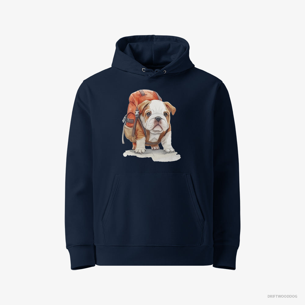 Bulldog Hoodie – Women Navy Hoodie Eco-Friendly – Puppy Hiking (on White Background)