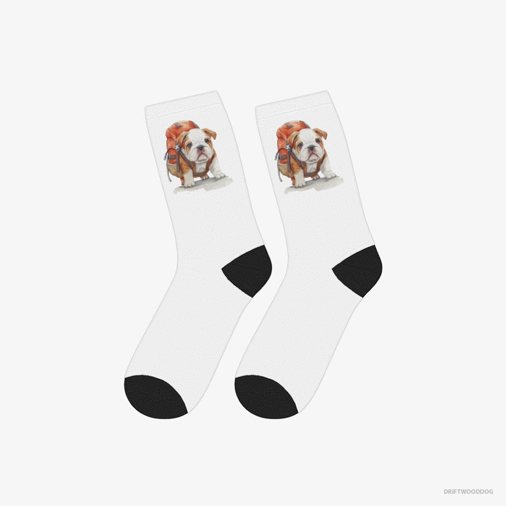 Bulldog Socks – Unisex White Socks Classic – Puppy Hiking (on White Background)