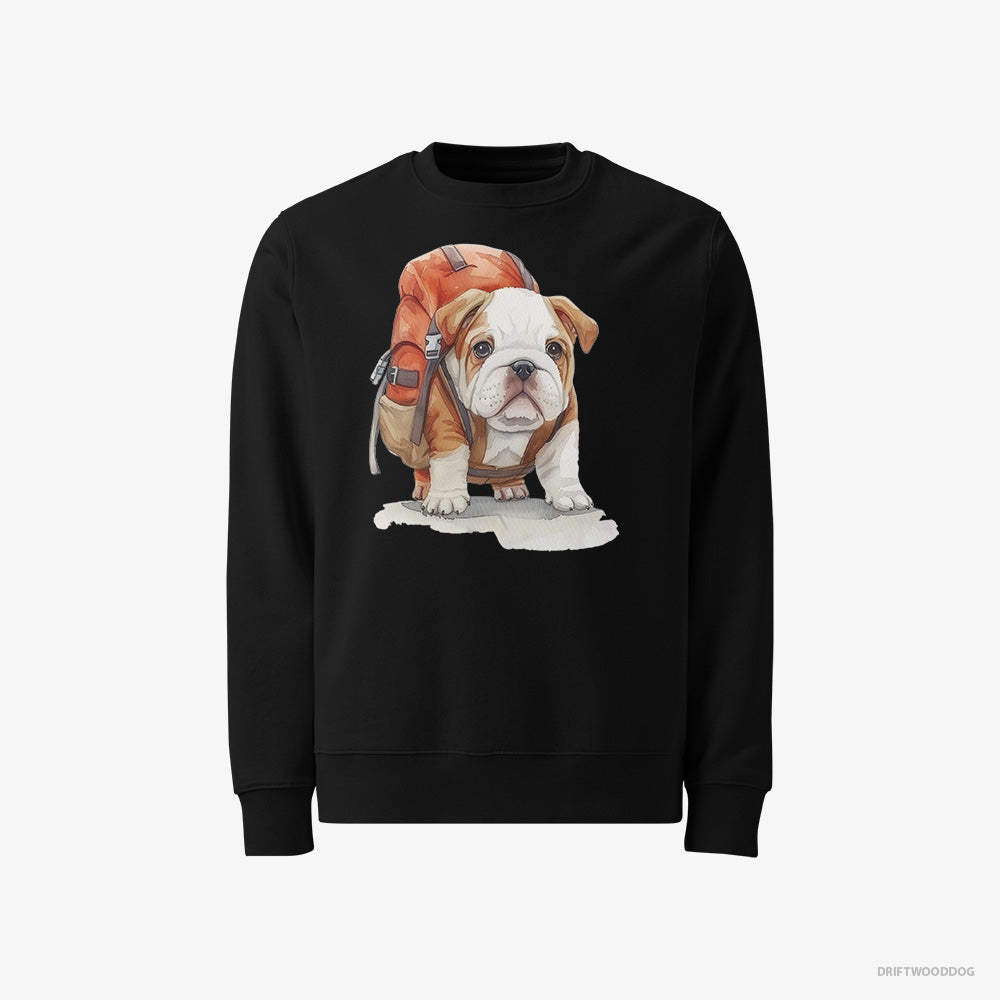 Bulldog Sweatshirt – Men Black Sweatshirt Classic – Puppy Hiking (on White Background)