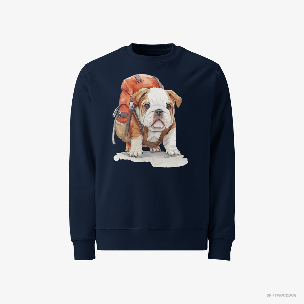 Bulldog Sweatshirt – Men Navy Sweatshirt Classic – Puppy Hiking (on White Background)