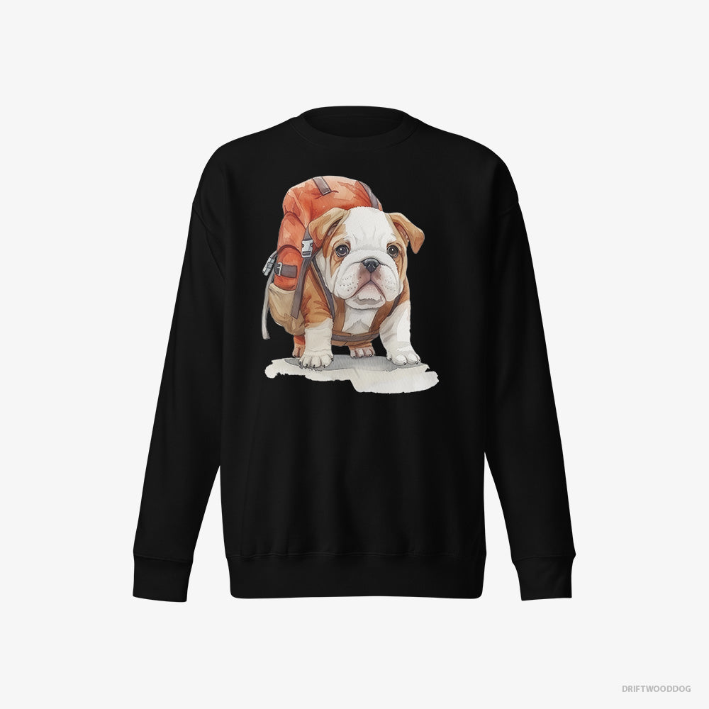 Bulldog Sweatshirt – Men Black Sweatshirt Eco-Friendly – Puppy Hiking (on White Background)